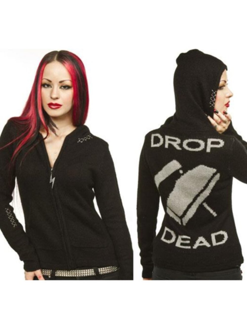 Black Drop Dead Zip Up Hoodie Sweater - Size LG - Goth Punk Metal Hammer Print